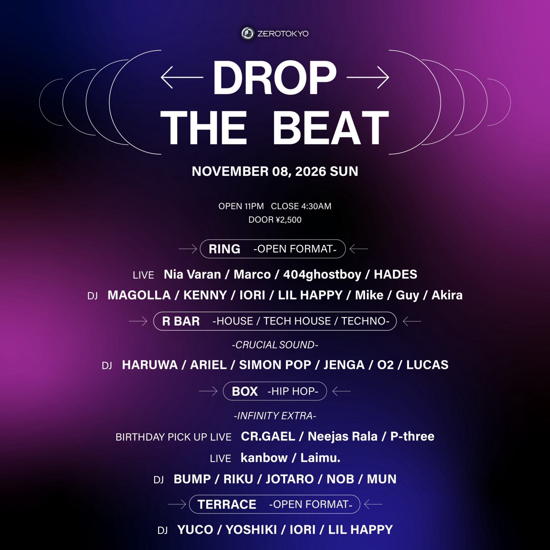 Flyer for DROP THE BEAT at ZEROTOKYO